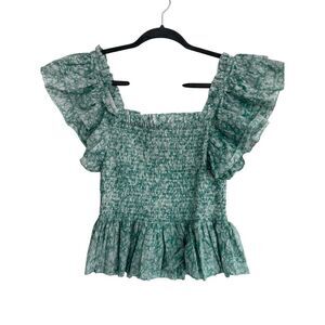 Love The Label Floral Smocked Ruffle Flutter Peplum Blouse Blue Women's Medium